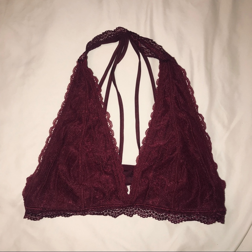 MAROON LACE HALTER STRAPPY BRALETTE BRA